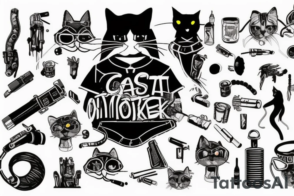 cat smokes in cyberpunk costume tattoo idea