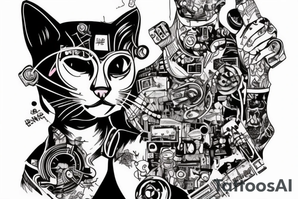 cat smokes in cyberpunk costume tattoo idea