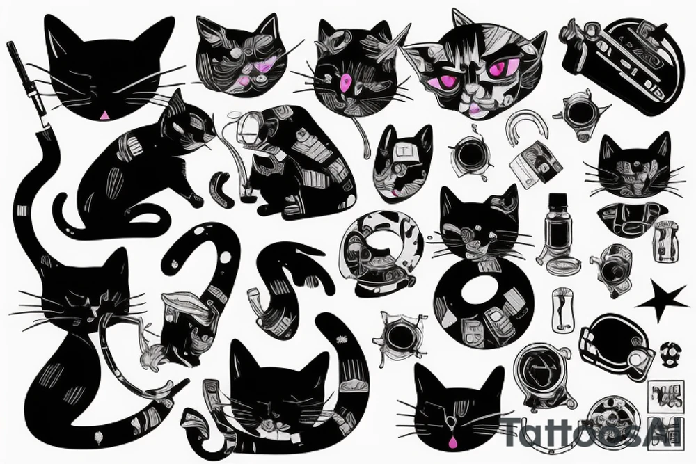 cat smokes in cyberpunk costume tattoo idea