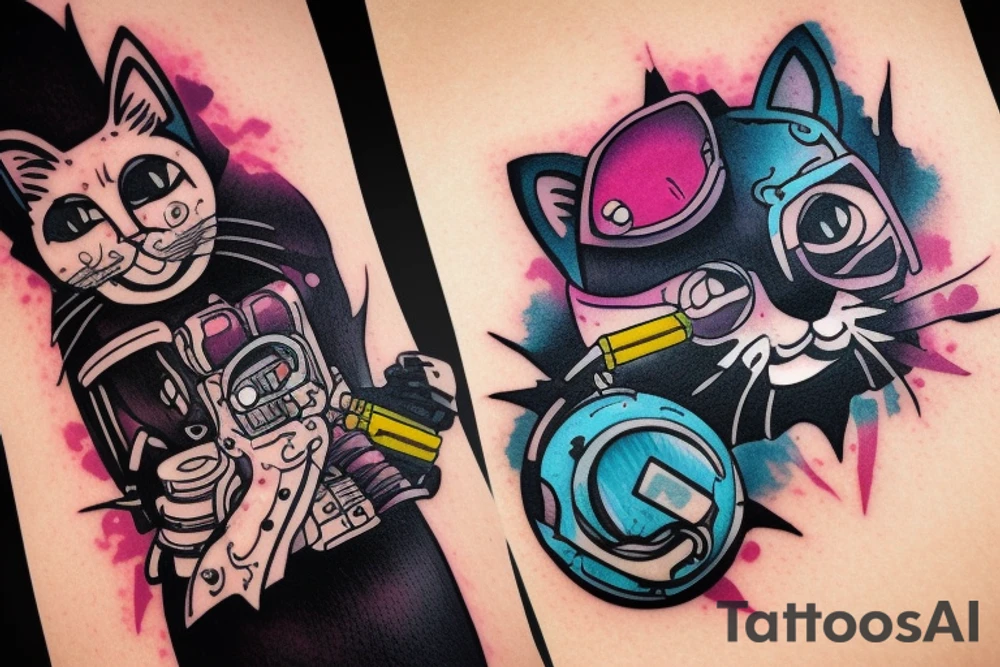 cat smokes in cyberpunk costume tattoo idea