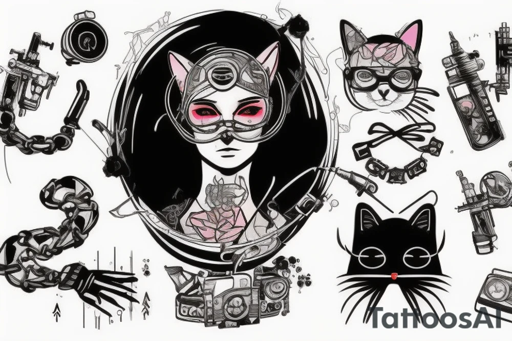 cat smokes in cyberpunk costume tattoo idea