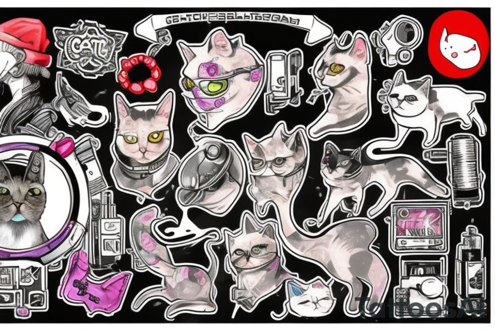 cat smokes in cyberpunk costume tattoo idea