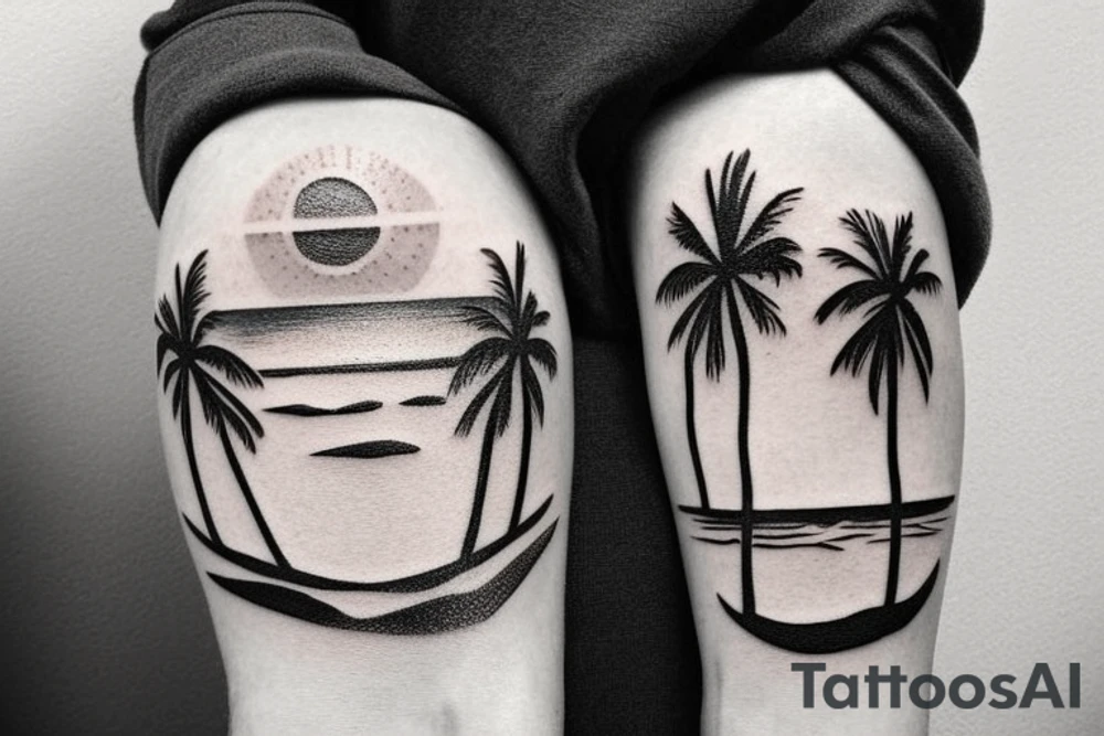 Beach with a couple's footprints in the sand a sunset in the horizon and palm trees. The overall shape should be circular on the top and triangular on the bottom. The tattoo location is the inner forearm. tattoo idea