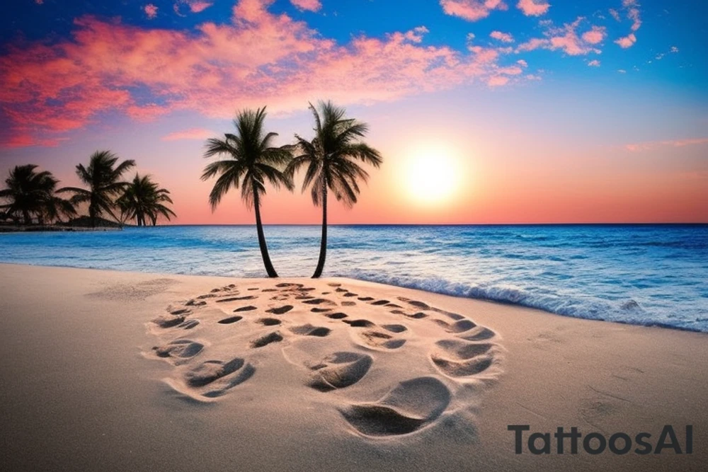 Beach with a couple's footprints in the sand a sunset in the horizon and palm trees. The overall shape should be circular on the top and triangular on the bottom. The tattoo location is the inner forearm. tattoo idea