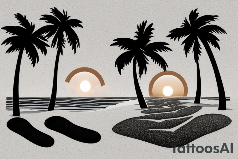 Beach with a couple's footprints in the sand a sunset in the horizon and palm trees. The overall shape should be circular on the top and triangular on the bottom. The tattoo location is the inner forearm. tattoo idea