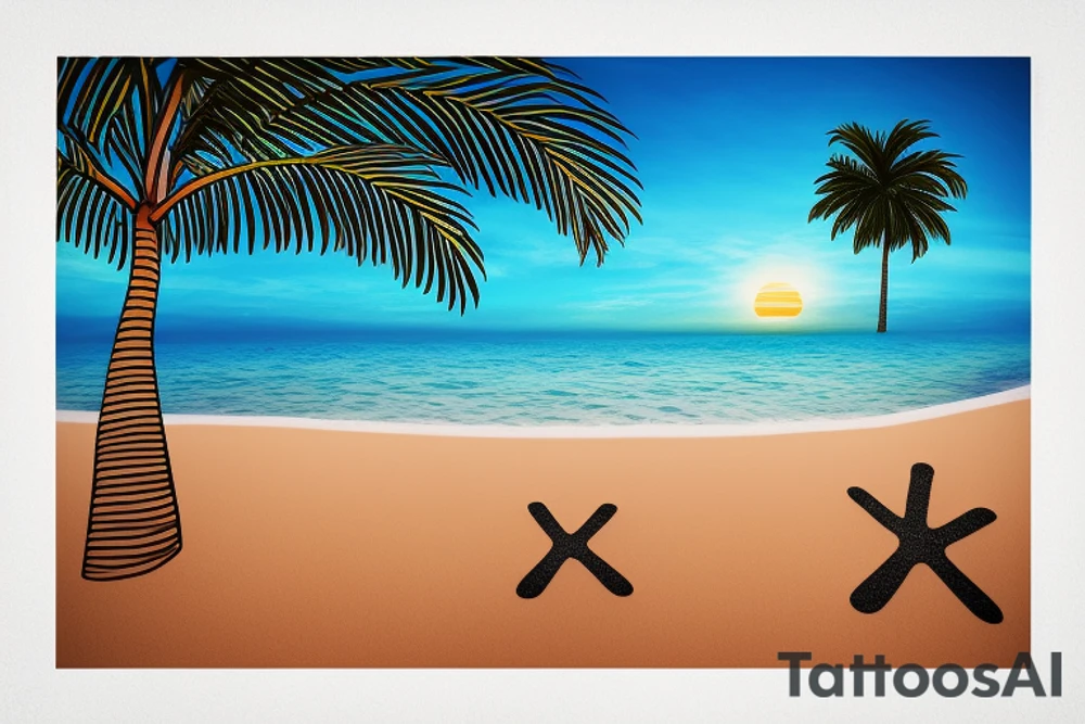 Beach with a couple's footprints in the sand a sunset in the horizon and palm trees. The overall shape should be circular on the top and triangular on the bottom. The tattoo location is the inner forearm. tattoo idea
