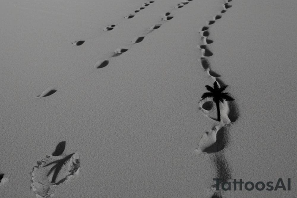 Beach with a couple's footprints in the sand a sunset in the horizon and palm trees. The overall shape should be circular on the top and triangular on the bottom. The tattoo location is the inner forearm. tattoo idea