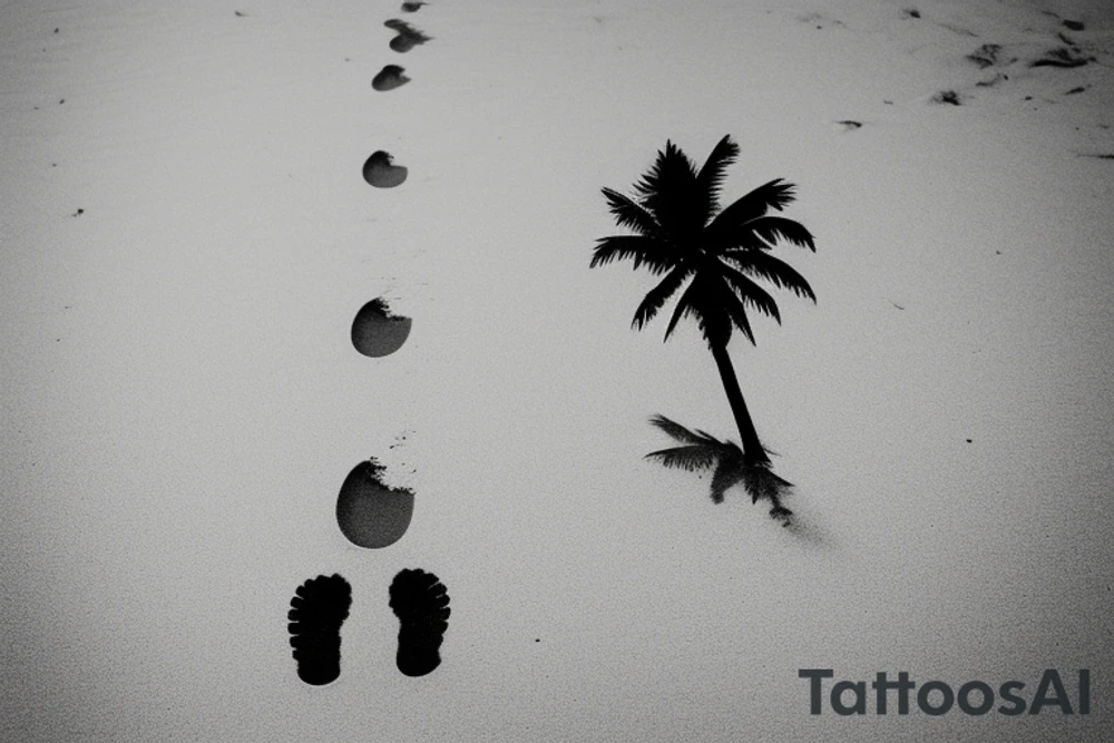Beach with a couple's footprints in the sand a sunset in the horizon and palm trees. The overall shape should be circular on the top and triangular on the bottom. The tattoo location is the inner forearm. tattoo idea