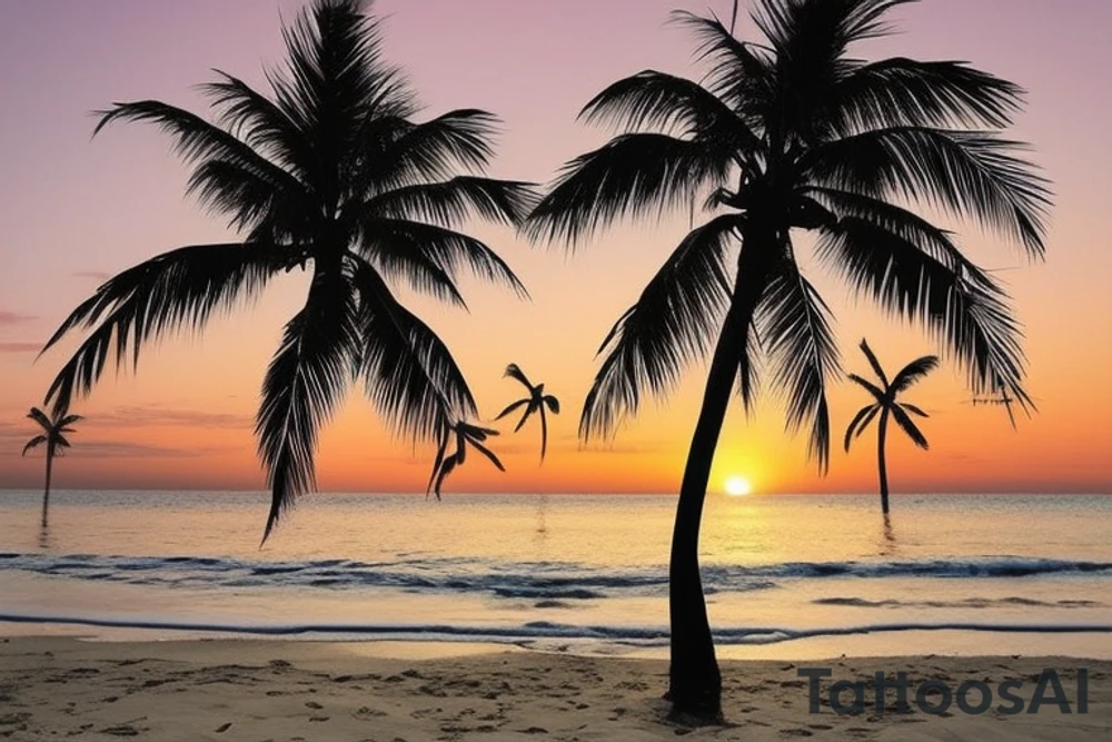 Beach with a couple's footprints in the sand a sunset in the horizon and palm trees. The overall shape should be circular on the top and triangular on the bottom. The tattoo location is the inner forearm. tattoo idea