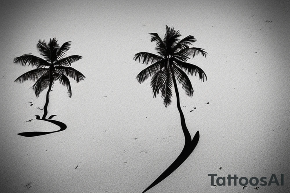 Beach with a couple's footprints in the sand a sunset in the horizon and palm trees. The overall shape should be circular on the top and triangular on the bottom. The tattoo location is the inner forearm. tattoo idea