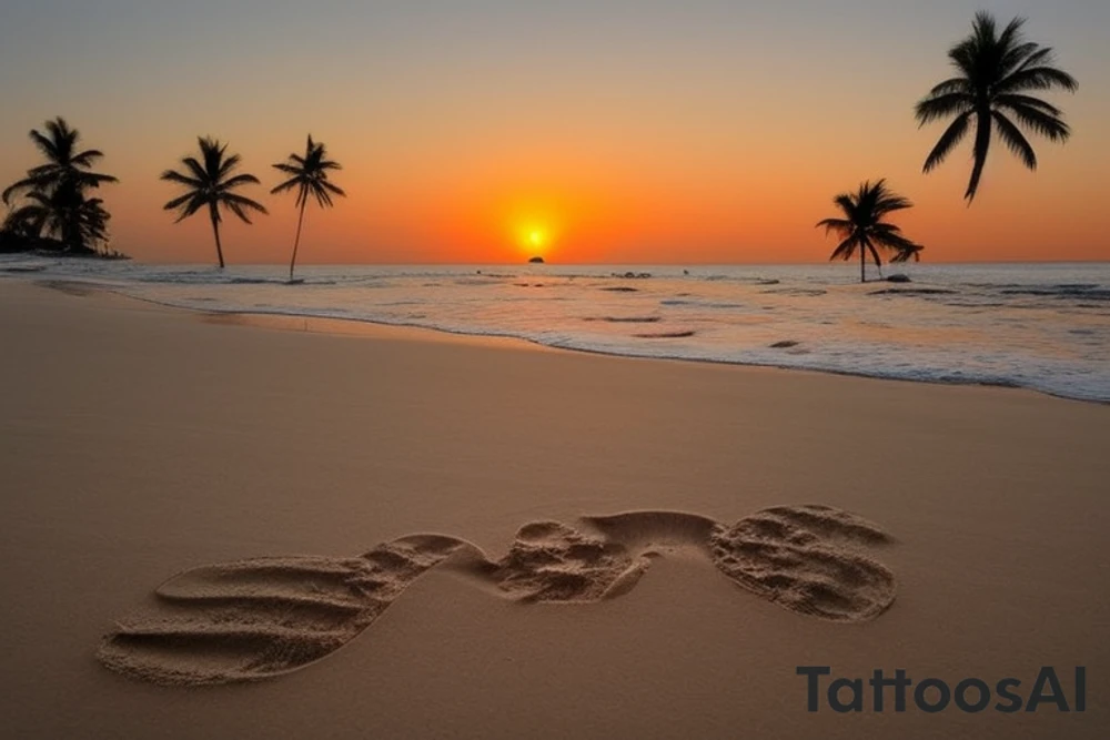 Beach with a couple's footprints in the sand a sunset in the horizon and palm trees. The overall shape should be circular on the top and triangular on the bottom. The tattoo location is the inner forearm. tattoo idea