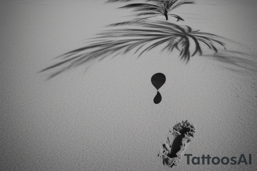 Beach with a couple's footprints in the sand a sunset in the horizon and palm trees. The overall shape should be circular on the top and triangular on the bottom. The tattoo location is the inner forearm. tattoo idea