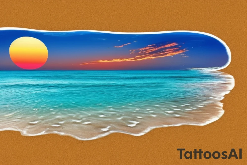 Beach with a couple's footprints in the sand a sunset in the horizon and palm trees. The overall shape should be circular on the top and triangular on the bottom. The tattoo location is the inner forearm. tattoo idea