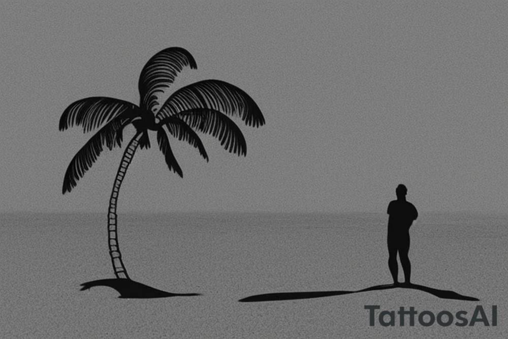 Beach with a couple's footprints in the sand a sunset in the horizon and palm trees. The overall shape should be circular on the top and triangular on the bottom. The tattoo location is the inner forearm. tattoo idea