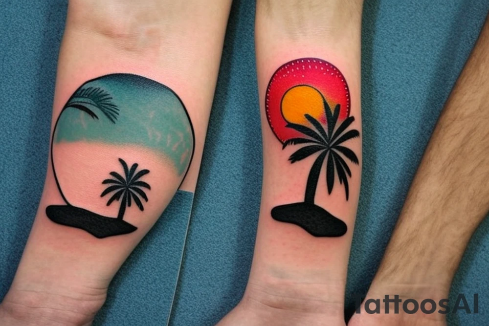 Beach with a couple's footprints in the sand a sunset in the horizon and palm trees. The overall shape should be circular on the top and triangular on the bottom. The tattoo location is the inner forearm. tattoo idea
