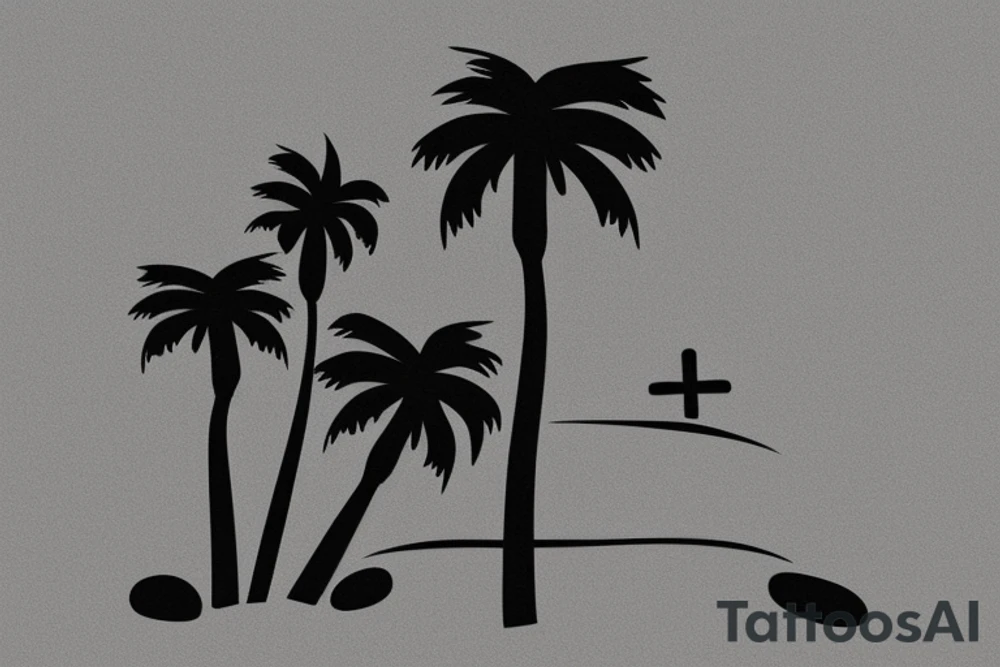 Beach with a couple's footprints in the sand a sunset in the horizon and palm trees. The overall shape should be circular on the top and triangular on the bottom. The tattoo location is the inner forearm. tattoo idea