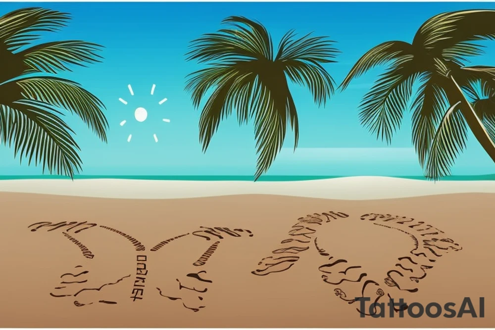 Beach with a couple's footprints in the sand a sunset in the horizon and palm trees. The overall shape should be circular on the top and triangular on the bottom. The tattoo location is the inner forearm. tattoo idea