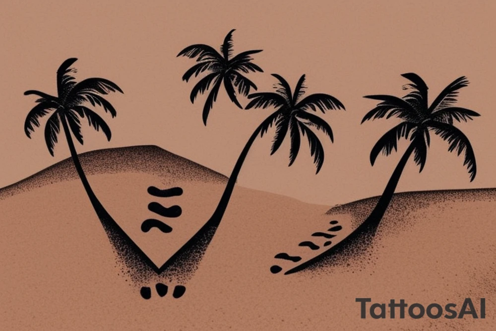 Beach with a couple's footprints in the sand a sunset in the horizon and palm trees. The overall shape should be circular on the top and triangular on the bottom. The tattoo location is the inner forearm. tattoo idea