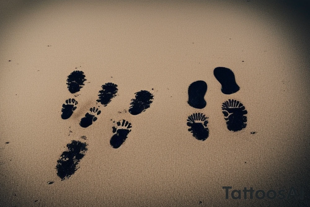 Beach with a couple's footprints in the sand a sunset in the horizon and palm trees. The overall shape should be circular on the top and triangular on the bottom. The tattoo location is the inner forearm. tattoo idea