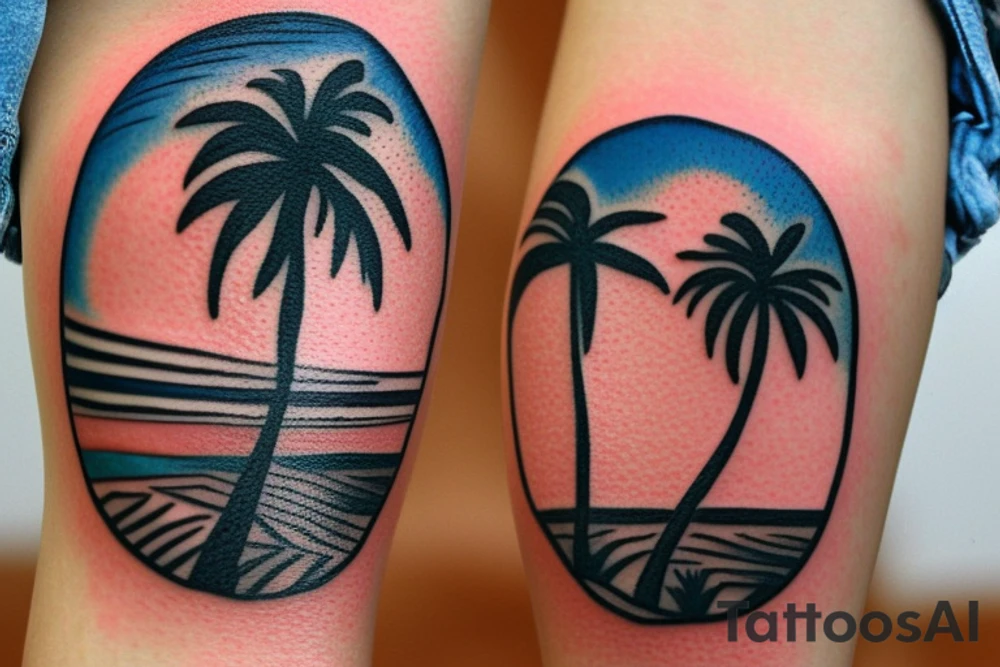 Beach with a couple's footprints in the sand a sunset in the horizon and palm trees. The overall shape should be circular on the top and triangular on the bottom. The tattoo location is the inner forearm. tattoo idea