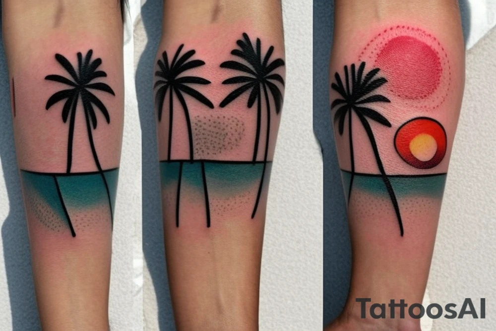 Beach with a couple's footprints in the sand a sunset in the horizon and palm trees. The overall shape should be circular on the top and triangular on the bottom. The tattoo location is the inner forearm. tattoo idea