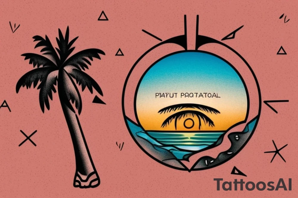 Beach with a couple's footprints in the sand a sunset in the horizon and palm trees. The overall shape should be circular on the top and triangular on the bottom. The tattoo location is the inner forearm. tattoo idea