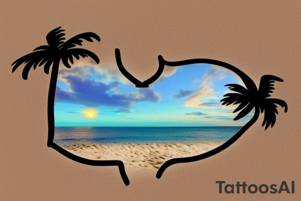 Beach with a couple's footprints in the sand a sunset in the horizon and palm trees. The overall shape should be circular on the top and triangular on the bottom. The tattoo location is the inner forearm. tattoo idea