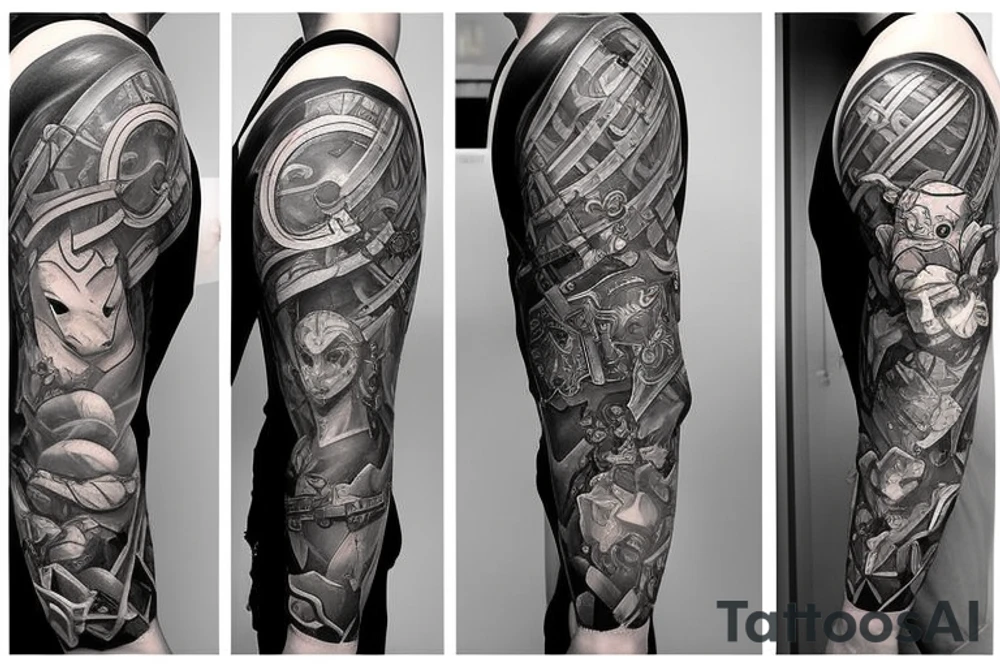 Full sleeve tattoo with themes of Zelda, The Lord of the Rings, space, and Borderlands. The tattoo pixelates at the wrist and shoulder to transition back to my body tattoo idea