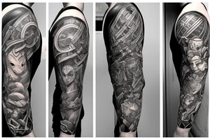 Full sleeve tattoo with themes of Zelda, The Lord of the Rings, space, and Borderlands. The tattoo pixelates at the wrist and shoulder to transition back to my body tattoo idea