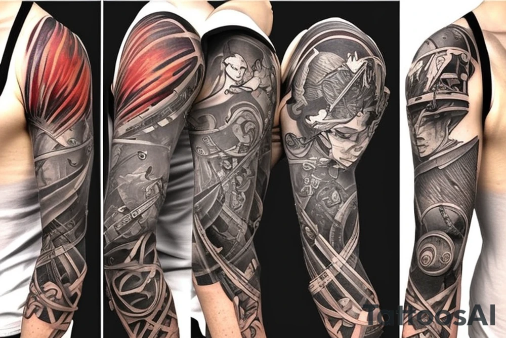 Full sleeve tattoo with themes of Zelda, The Lord of the Rings, space, and Borderlands. The tattoo pixelates at the wrist and shoulder to transition back to my body tattoo idea