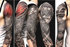 Full sleeve tattoo with themes of Zelda, The Lord of the Rings, space, and Borderlands. The tattoo pixelates at the wrist and shoulder to transition back to my body tattoo idea