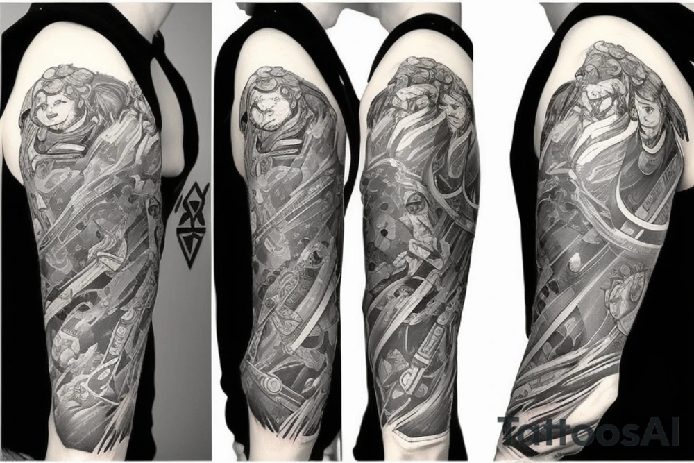 Full sleeve tattoo with themes of Zelda, The Lord of the Rings, space, and Borderlands tattoo idea