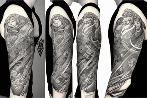 Full sleeve tattoo with themes of Zelda, The Lord of the Rings, space, and Borderlands tattoo idea