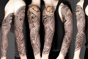 Full sleeve tattoo with themes of Zelda, The Lord of the Rings, space, and Borderlands tattoo idea