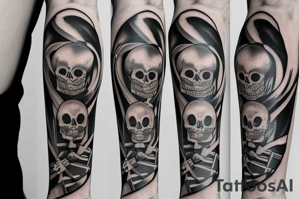 a skeleton standing on a hour glass while playing a violin tattoo idea