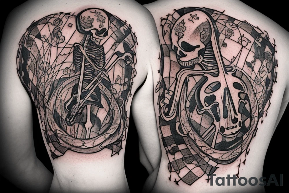 a skeleton standing on a hour glass while playing a violin tattoo idea