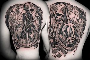 a skeleton standing on a hour glass while playing a violin tattoo idea