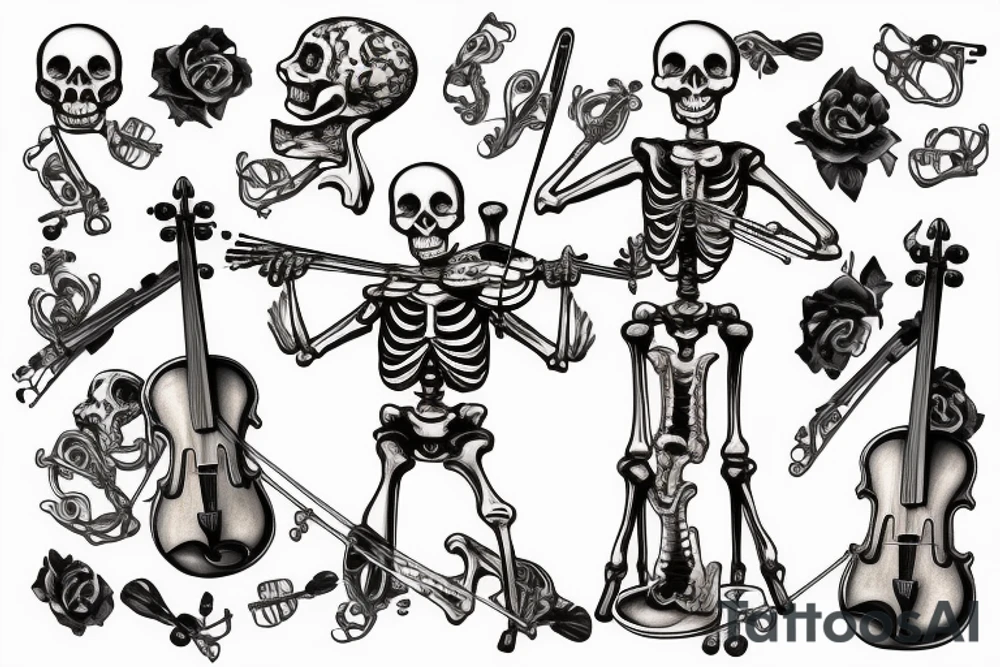 a skeleton standing on a hour glass while playing a violin tattoo idea