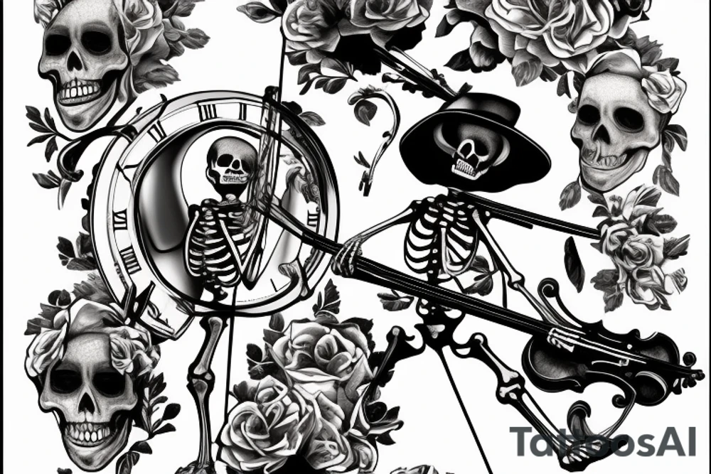 a skeleton standing on a hour glass while playing a violin tattoo idea