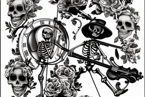 a skeleton standing on a hour glass while playing a violin tattoo idea
