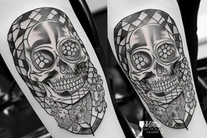 a skeleton standing on a hour glass while playing a violin tattoo idea
