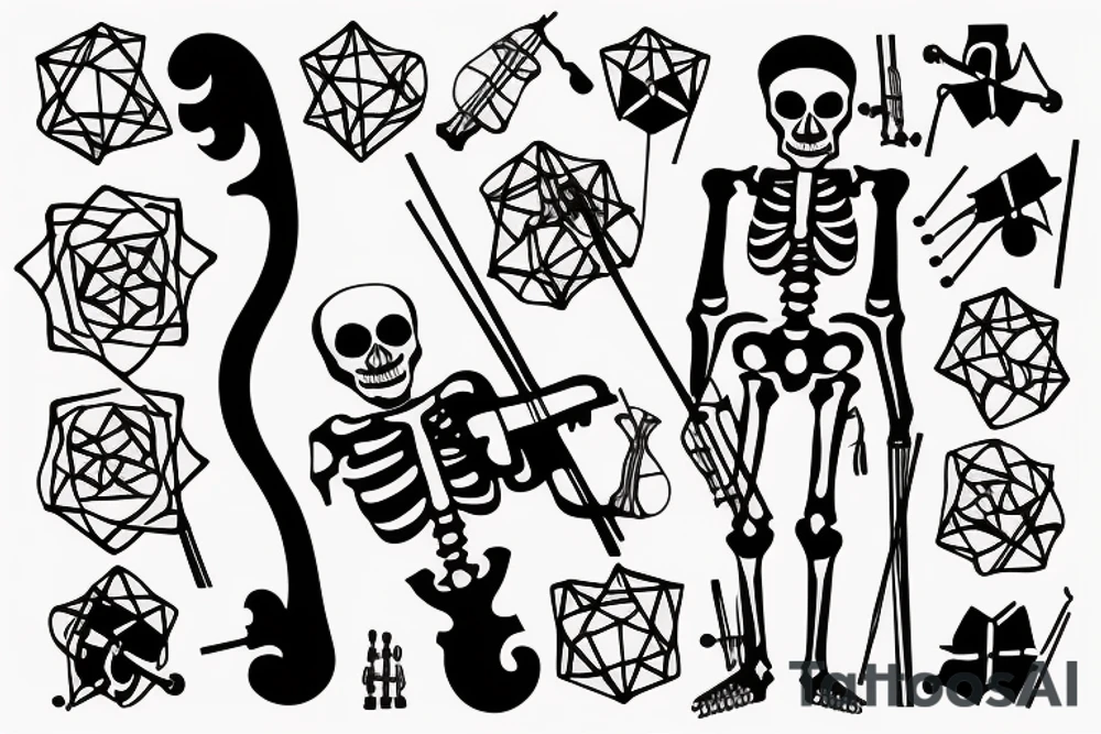 a skeleton standing on a hour glass while playing a violin tattoo idea