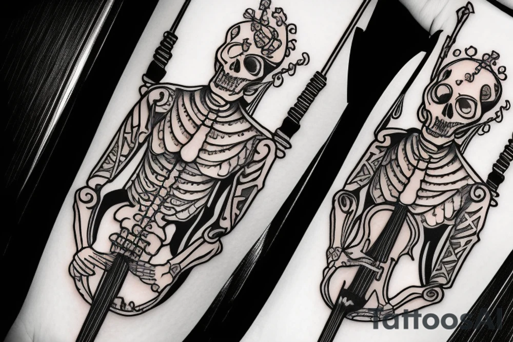 a skeleton standing on a hour glass while playing a violin tattoo idea