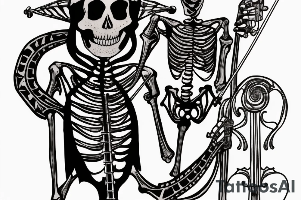 a skeleton standing on a hour glass while playing a violin tattoo idea