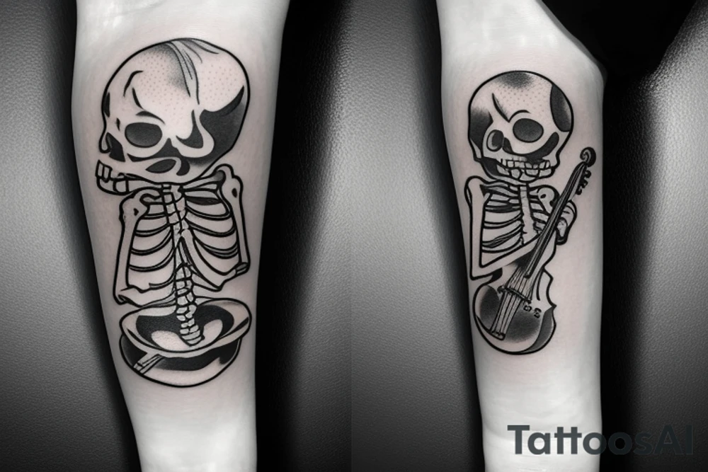 a skeleton standing on a hour glass while playing a violin tattoo idea