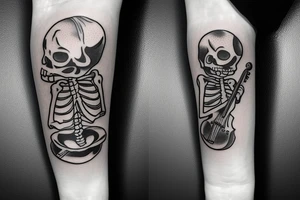 a skeleton standing on a hour glass while playing a violin tattoo idea
