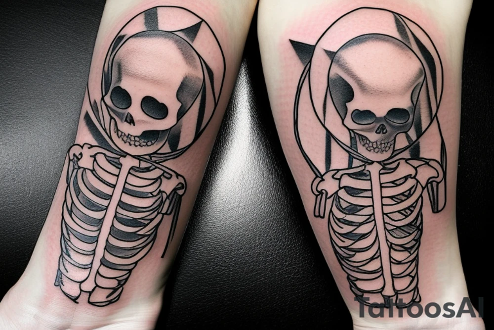 a skeleton standing on a hour glass while playing a violin tattoo idea