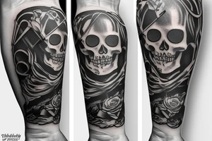a skeleton standing on a hour glass while playing a violin tattoo idea