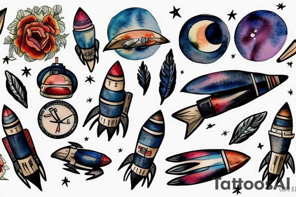 Rocket takes off into the past tattoo idea