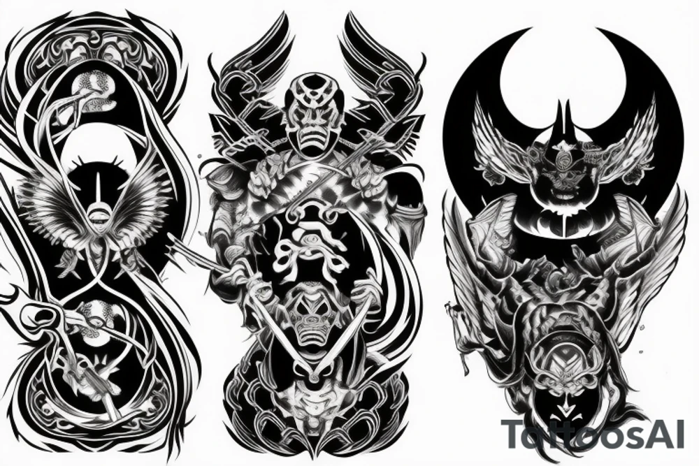 demon and angel guarded by a samurai and yingyang tattoo idea